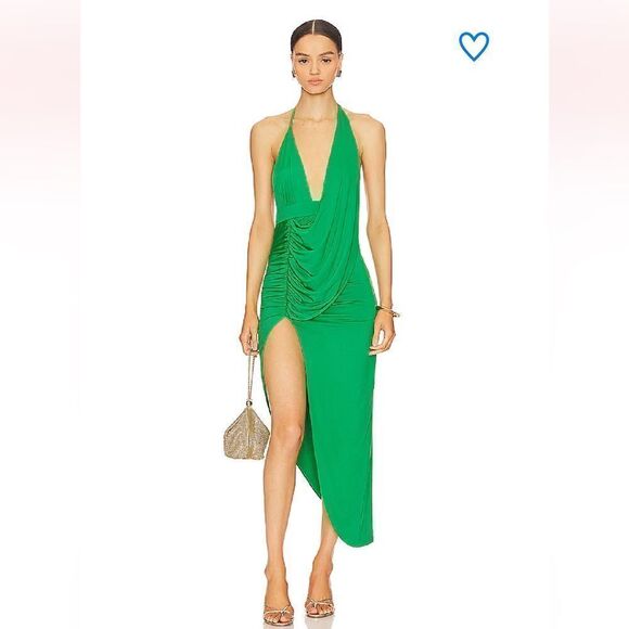 Superdown Mia draped slit dress midi slip bright green halter party Revolve S - Picture 1 of 6